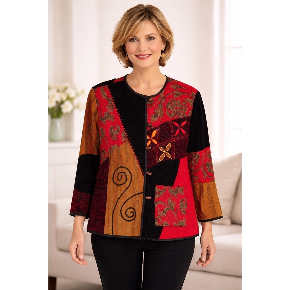 Drapers & Damons Patchwork Jacket Womens Size M Red Black Floral Velvet Art Wear